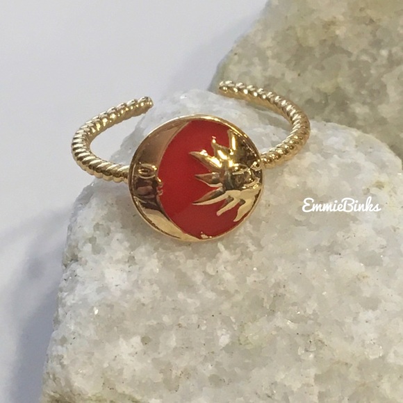 New Gold Dipped Red Enamel Sun & Moon Textured Cuff Ring / Red & Gold Boho Vibes - Picture 11 of 15